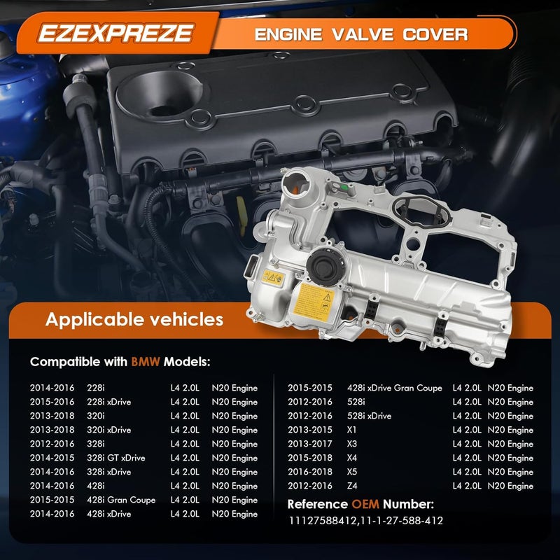 E EZEXPREZE Ezexpreze 2.0L Turbo N20 Upgrade Aluminum Engine Valve Cover with Oil Filler Cap & Gasket & Bolts Compatible with 2012-2018 BMW 228i 320i 328i 428i 528i X1 X3 X4 X5 Z4 (Included GT/xDrive) - Image 2